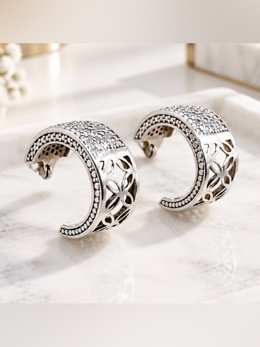 Sterling Silver Filigree Hoop Diamond chips Earrings